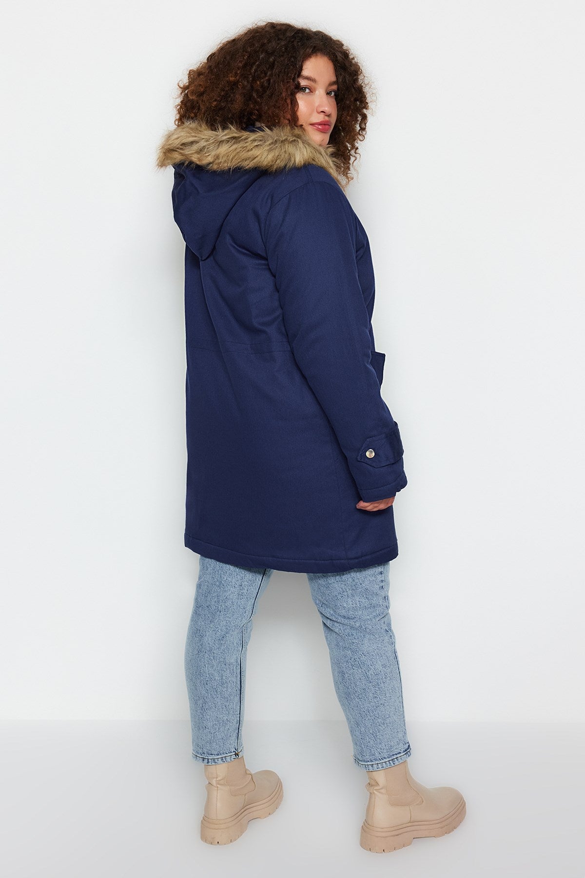 Navy Blue Fur Hooded Coat Tbbaw24aw00022