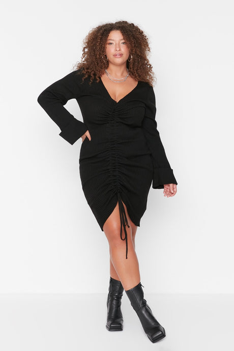 Black Ruffle Detailed Knitwear Dress Tbbaw23ah00005