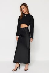 Black Fish Cut Satin Maxi Length Woven Skirt Twoaw24et00358