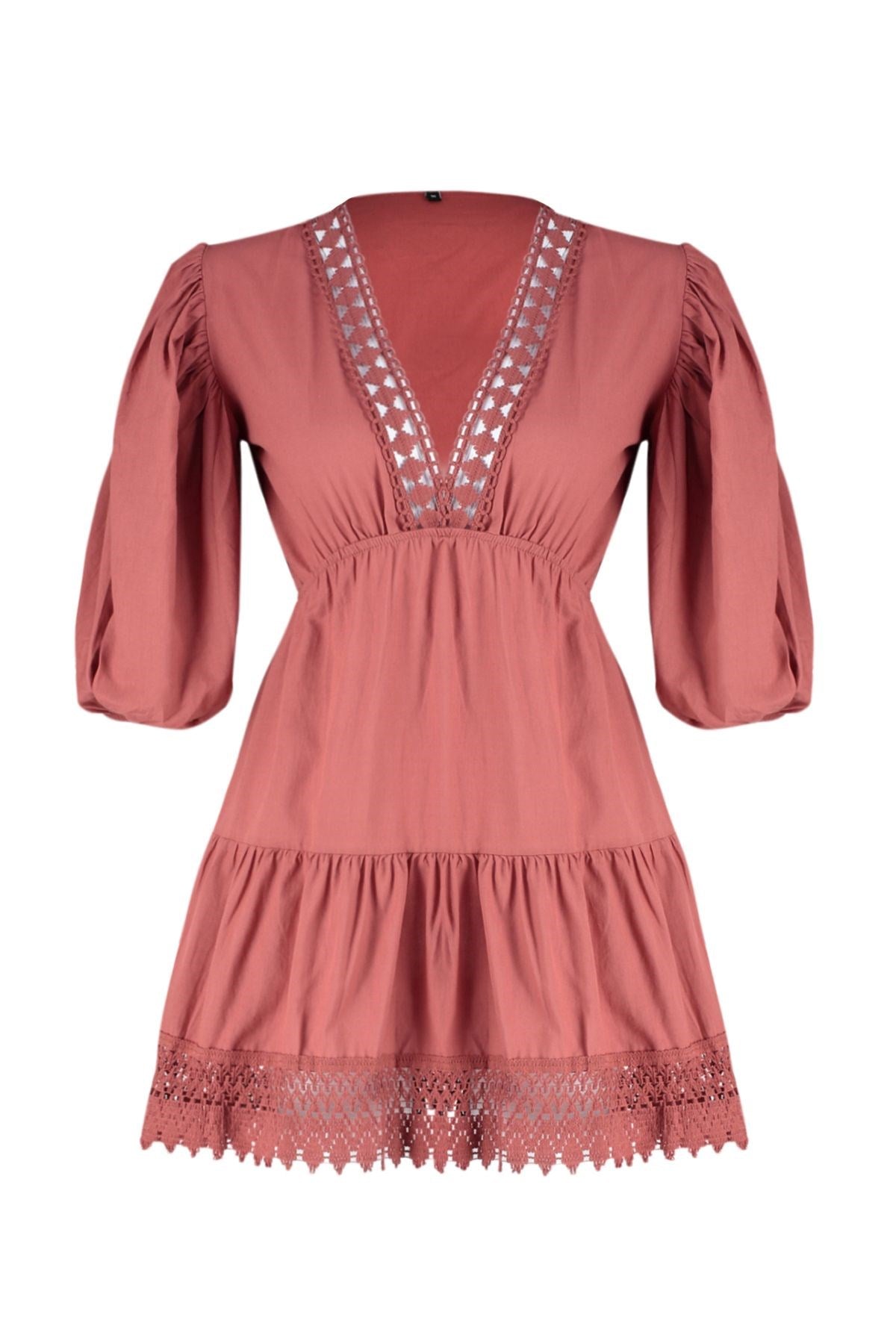 Dusty Rose Mini Woven Lace Detailed Beach Dress Tbess24el00116