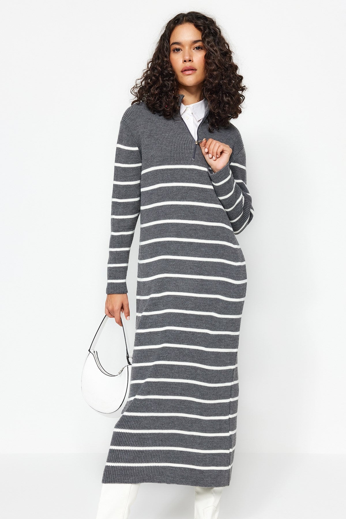 Black Striped Zipper Detailed Knitwear Dress Tctaw24eb00019