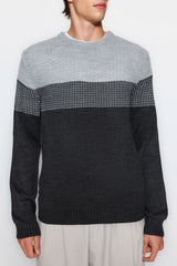 Beige Men's Slim Fit Crew Neck Blocked Sweater Tmnaw21kz0543