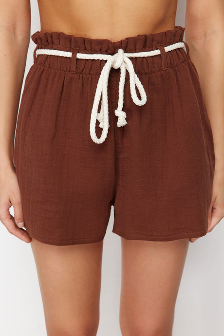 Brown Woven Lace-up Mueslin Shorts & Bermuda Tbess24sr00008