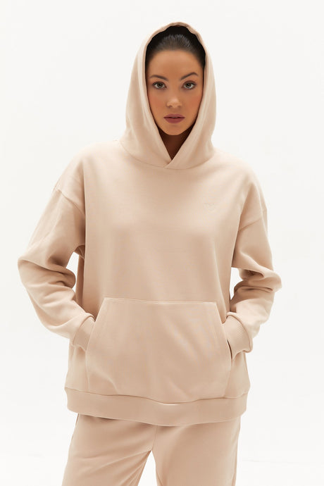 Women's Dark Beige Inner Polar Hooded Solid Color Winter Thick Kangaroo Pocket Casual Sports Sweatsh