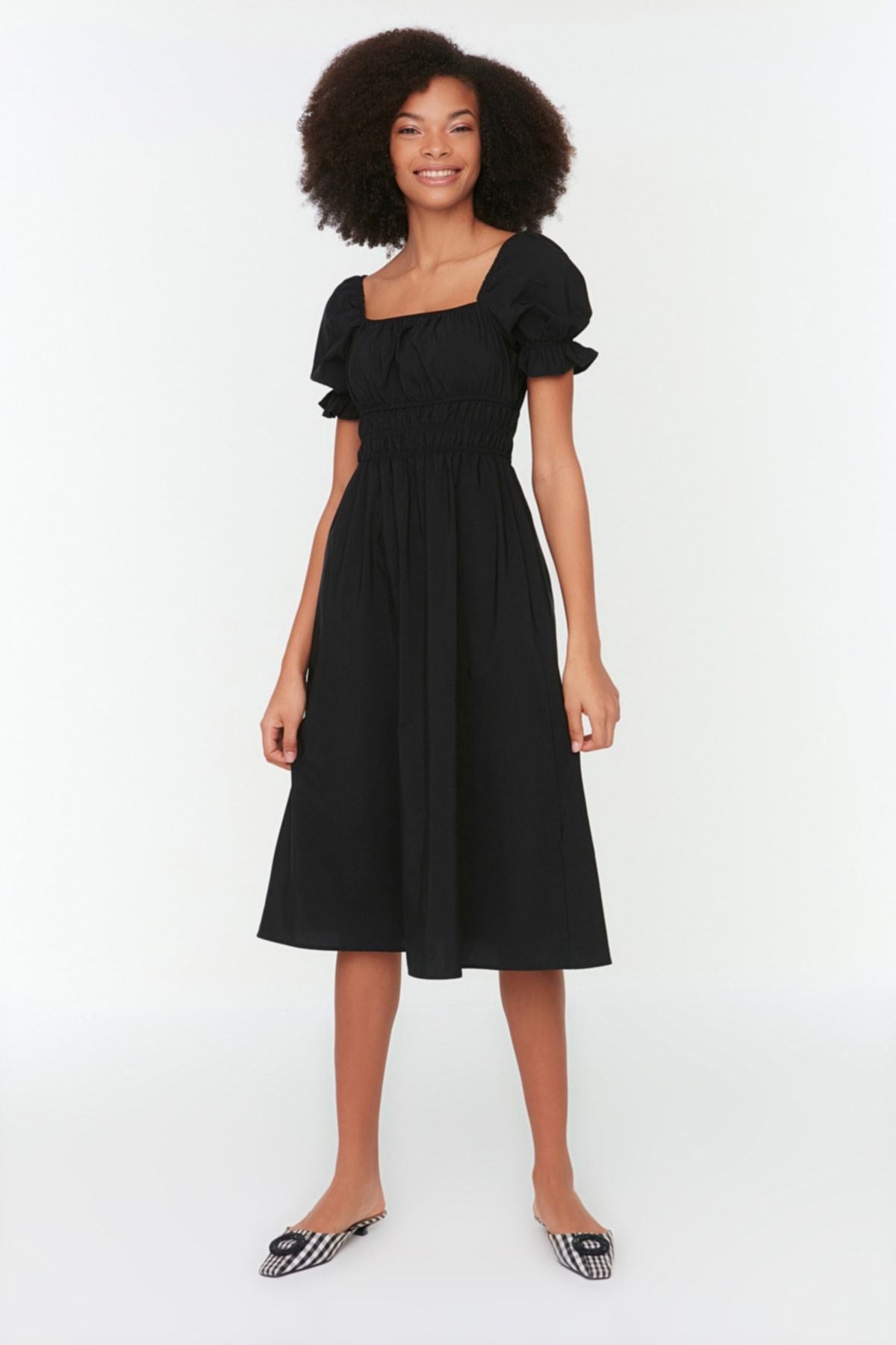 Black Waist Balloon Sleeve Midi Woven Dress Twoss22el1768