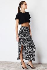 Black Daisy Print Slit Viscose Fabric Midi Woven Skirt Twoss24et00108