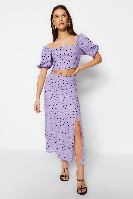 Lilac Polka Dot Slit Midi Viscose Woven Bottom Top Suit Twoss20au0097