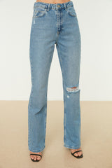 Blue Ripped Detailed High Waist Flare Jeans Twoss22je0440