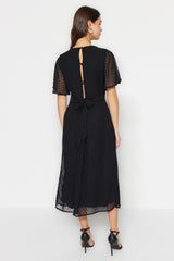 Black A-cut Back Detailed Angel Sleeve Midi Lined Chiffon Woven Dress Twoss23el01461