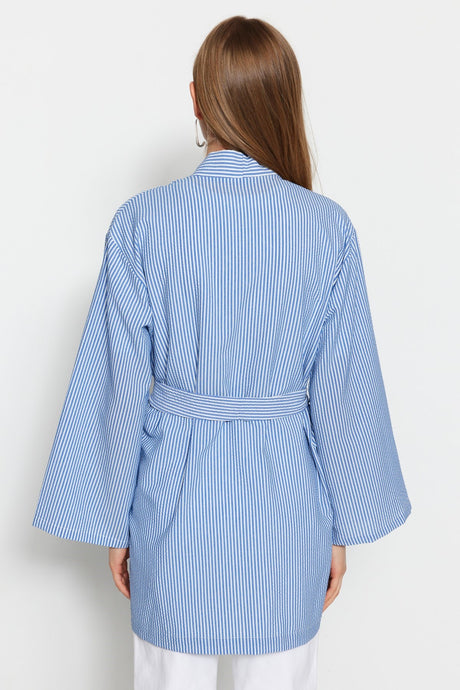 Blue Belted Woven Wafer Striped Kimono & Kaftan Tctss23kk00001