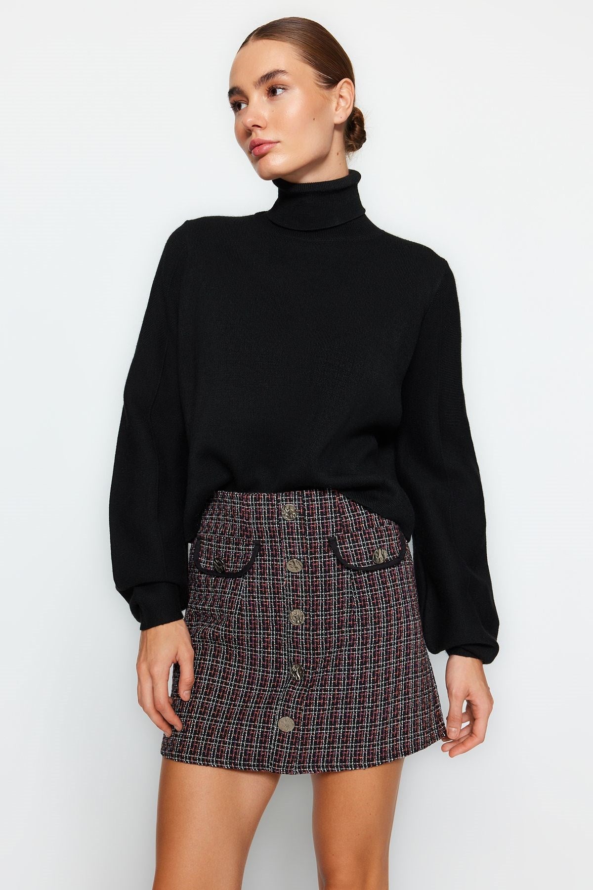 Brown Tweed Fabric Pocket And Button Detail Plaid Pattern Mini Woven Skirt Twoaw24et00220