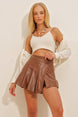 Women's Black Pleated Detailed Zipper Faux Leather Mini Shorts Skirt Alc-x10772