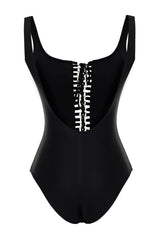 Black Square Neckline Accessorized Regular Swimsuit Tbess24ma00058