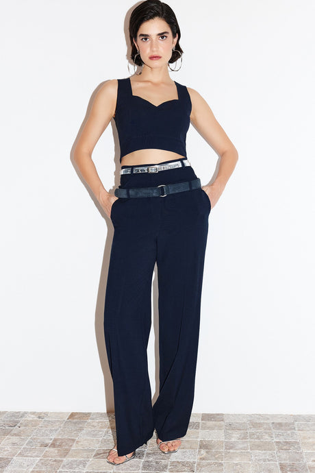 Navy Blue Straight/straight Cut Polyviscose Waist Detailed Woven Pants Twoss24pl00078