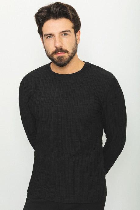 Textured Anthracite Color Slim Fit Crew Neck Long Sleeve Men's T-shirt 36769.22k