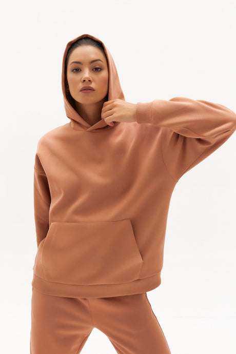 Women's Dark Beige Inner Polar Hooded Solid Color Winter Thick Kangaroo Pocket Casual Sports Sweatsh