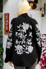 Women's White Collarless Balloon Sleeve Embroidered Regular Oversize Casual Viscose Woven Jacket M10