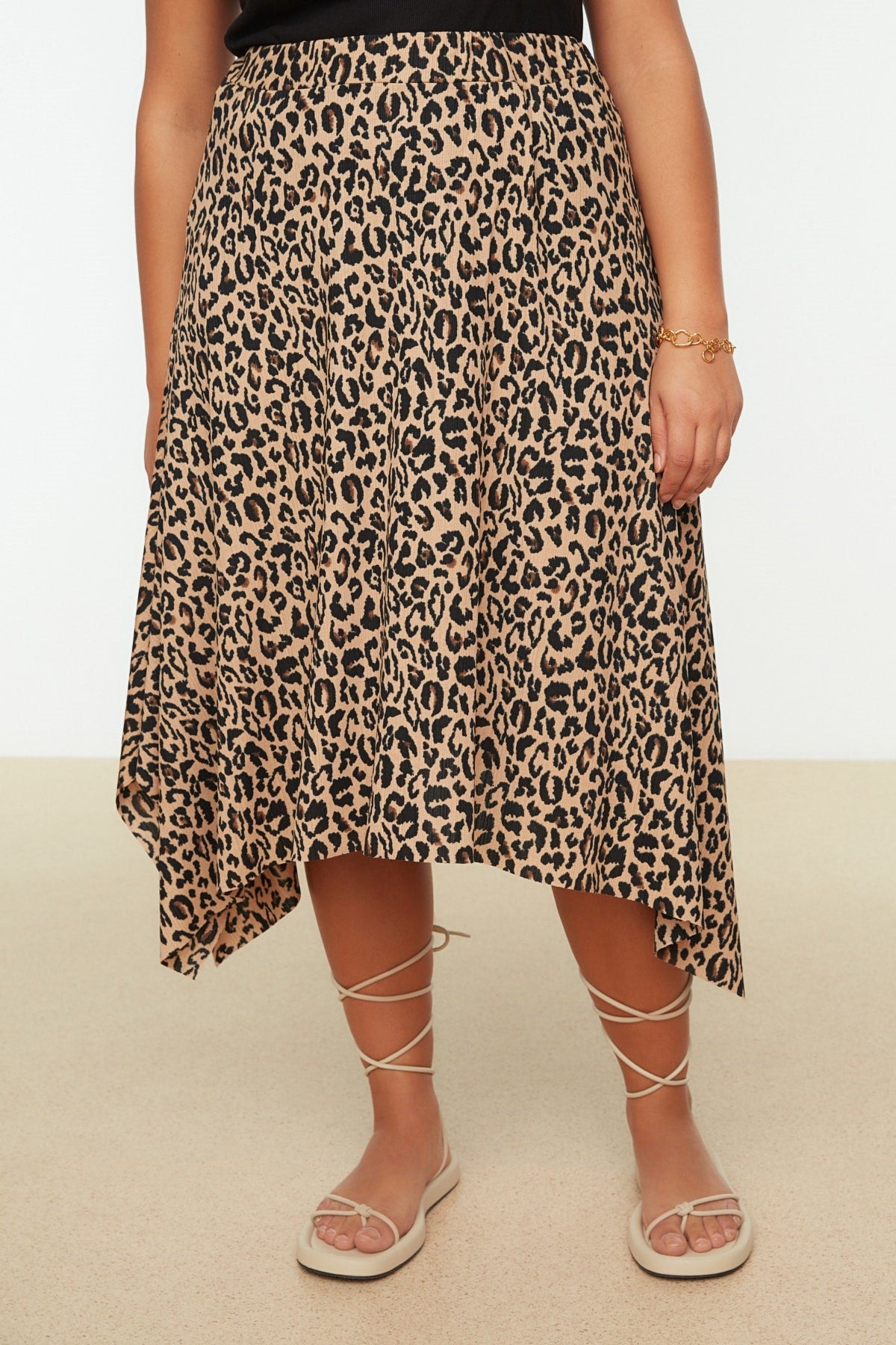 Brown Asymmetric Animal Pattern Knitted Skirt Tbbss22et0253