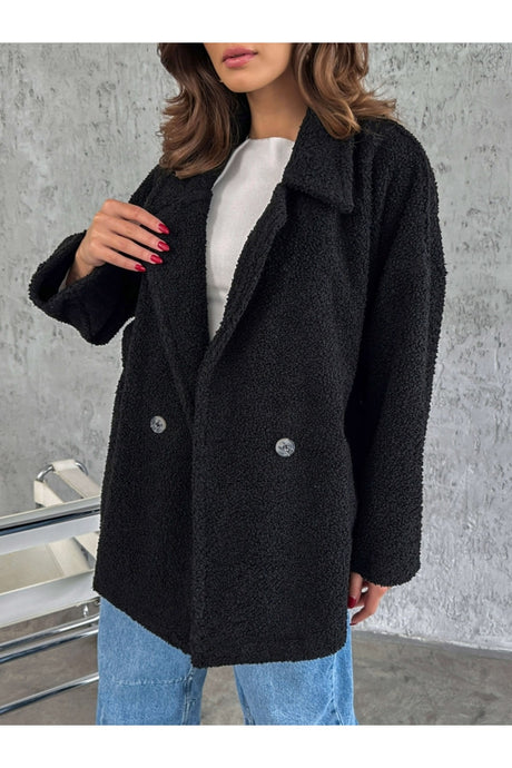 Black Front Buttoned Boucle Coat 38002