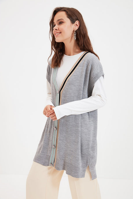 Grey Collar Stripe Detailed Knitwear Sweater Tctaw22uv0002