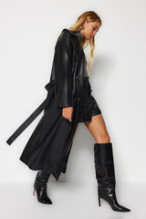 Black Oversize Wide Cut Belted Faux Leather Trench Coat Twoaw23tr00016