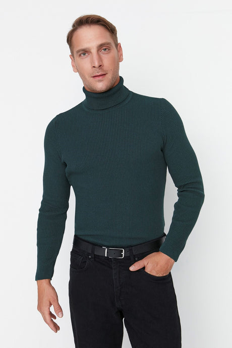 Grey Men's Slim Fit Turtleneck Ribbed Knit Basic Sweater Tmnaw20mg0031