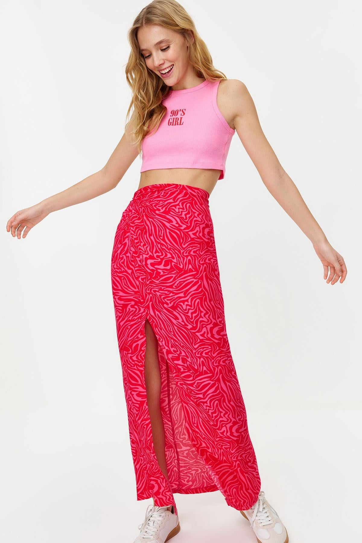 Pink Animal Print Slit Detailed Maxi Length Woven Skirt Twoss24et00003