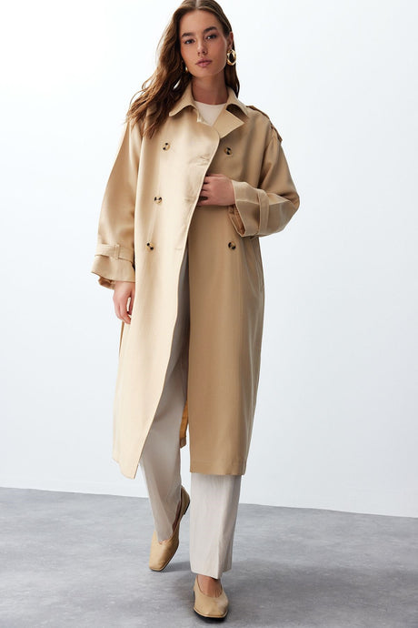 Beige Oversize Wide Cut Soft Textured Belted Long Trench Coat Twoss24tr00026