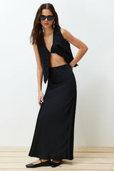 Black Satin Fish Shape Maxi Size Woven Skirt Twoss24et00120