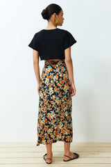 Multicolor Viscose Fabric Floral Pattern Slit Midi Woven Skirt Twoss24et00126