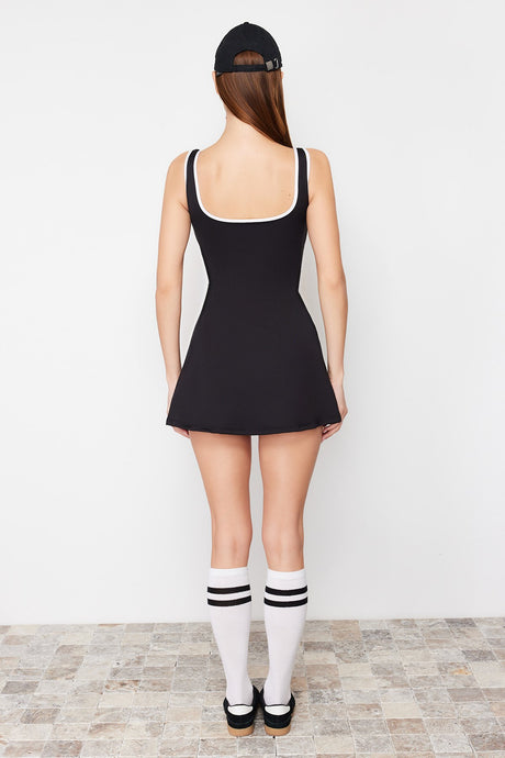 Black Bib Detailed 2 Layer Inner Shorts Tennis Knitted Sports Dress Thmss24el00000