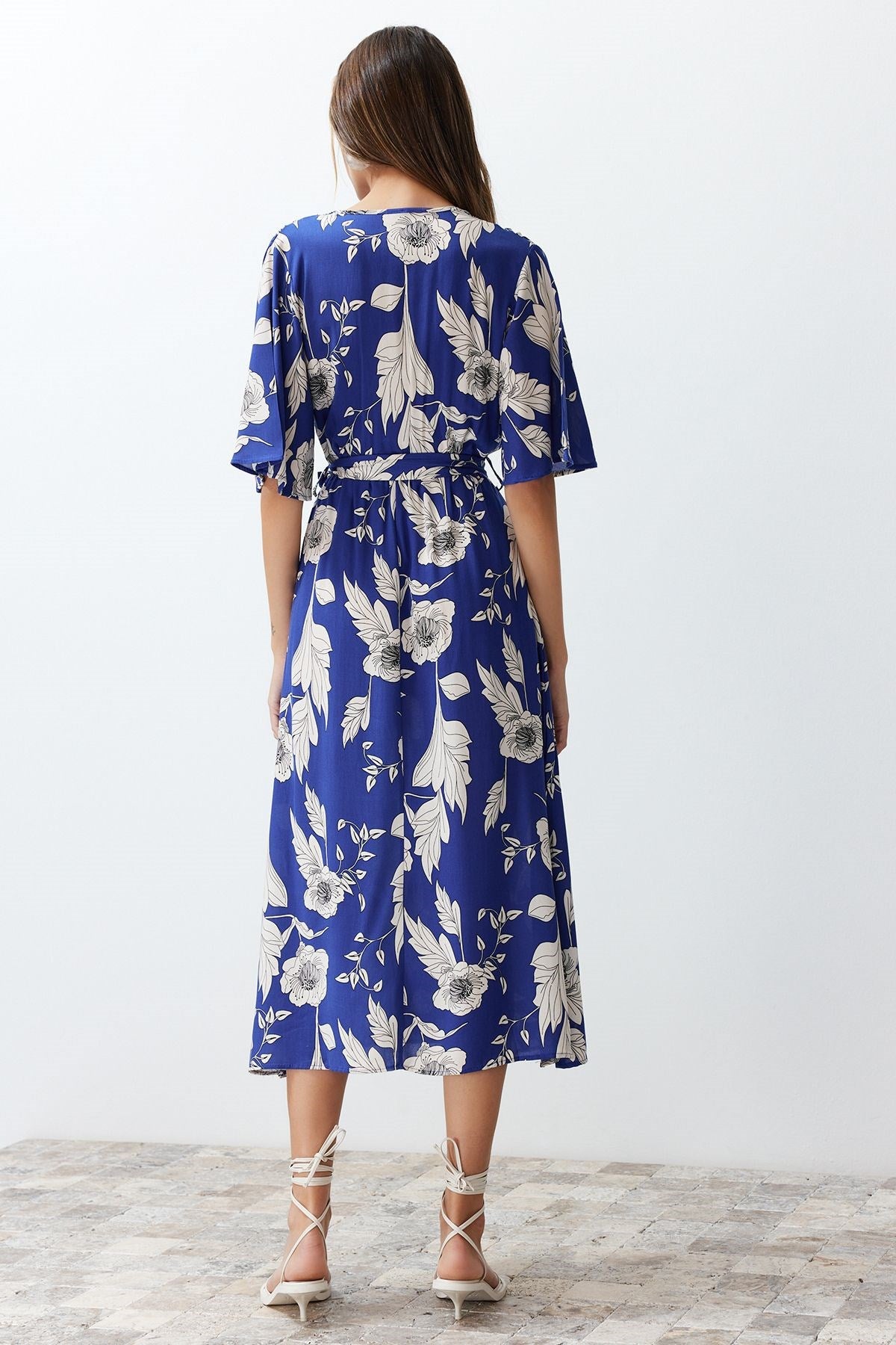 Black Belted Floral Print A Cut Double Neck Midi Woven Dress Twoss24el00915