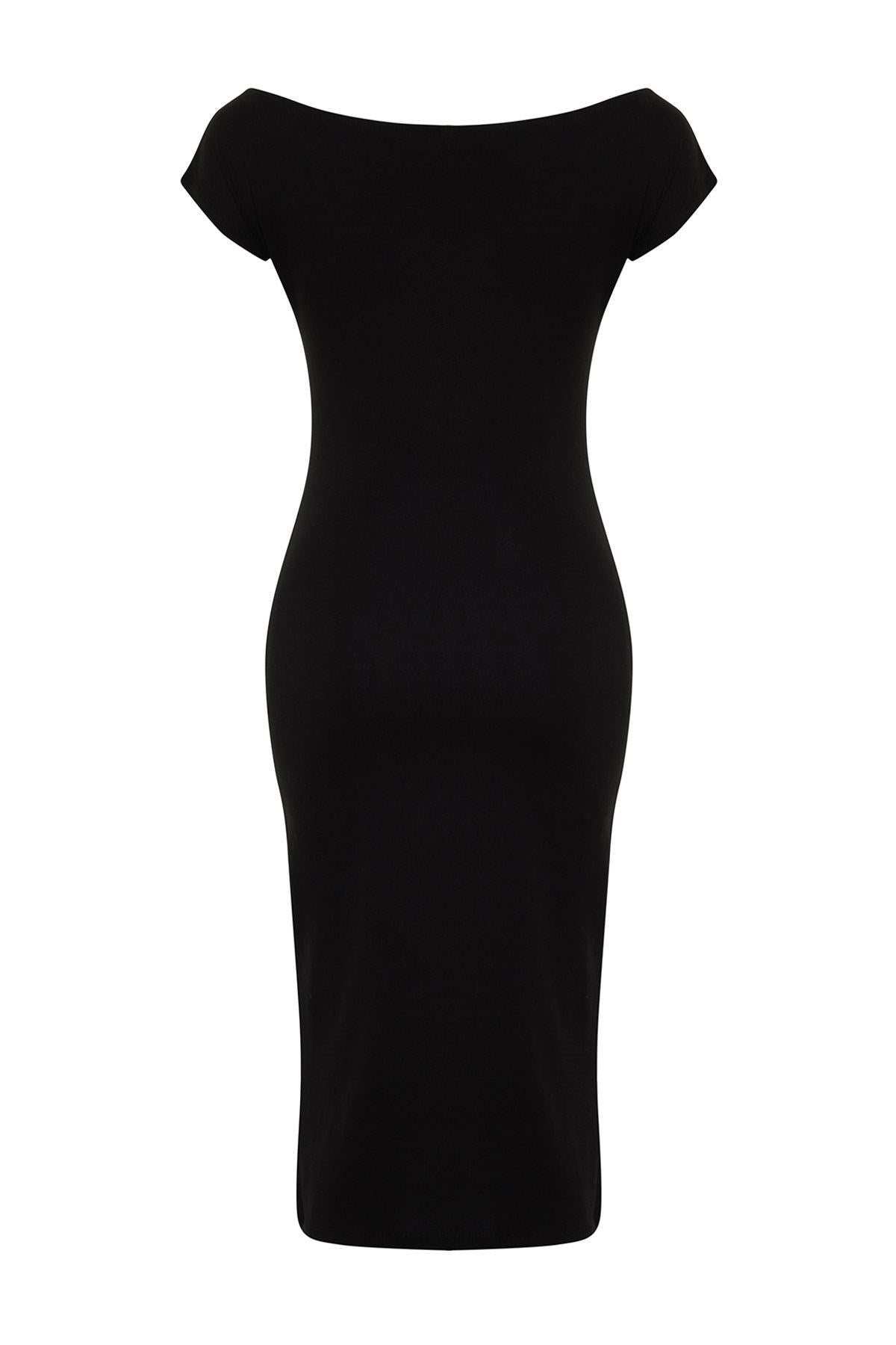 Black Boat Neck Body Fit Cotton Flexible Knitted Midi Pencil Dress Twoss24el00021