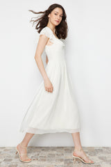 Ecru Waist Chiffon Lined Midi Woven Dress Twoss24el00541