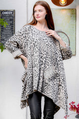 Women's Navy Italian Leopard Pattern Sequin Pocket Detailed Oversized Tunic M10010500tn99595