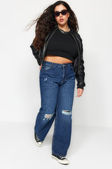 Dark Blue High Waist Wide Leg Ripped Jeans Tbbss22je00006