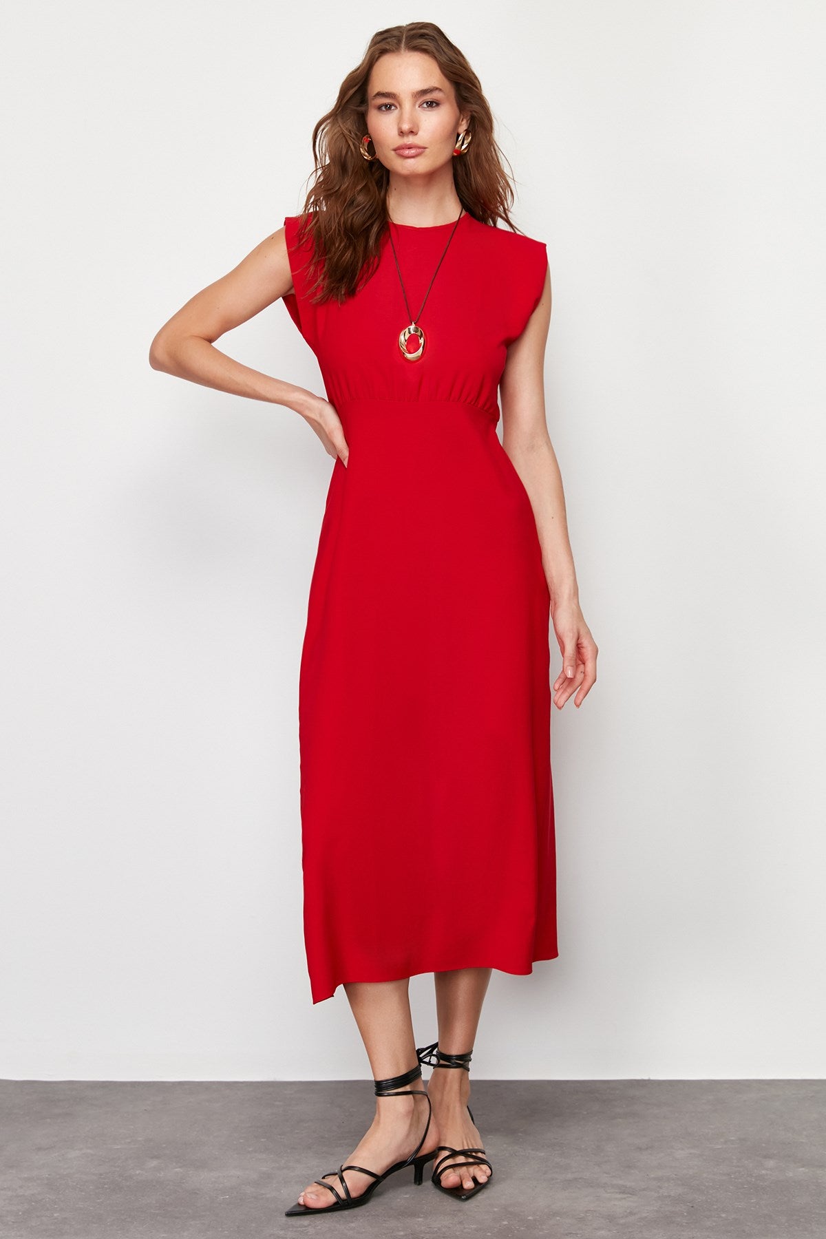 Red A Cut Crew Neck Sleeveless Aerobin Midi Woven Dress Twoss24el00601