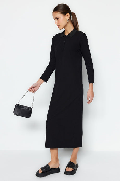 Black Polo Neck Ribbed Knit Dress Tctss23eb00246