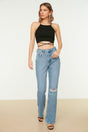 Blue Ripped Detailed High Waist Flare Jeans Twoss22je0440