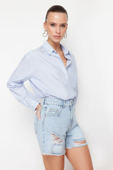 Blue Ripped High Waist Denim Shorts Twoss24sr00132