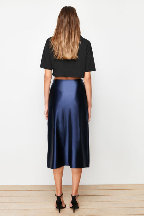 Indigo Premium Satin A Cut/bell Shape Midi Knit Skirt Twoaw24et00088