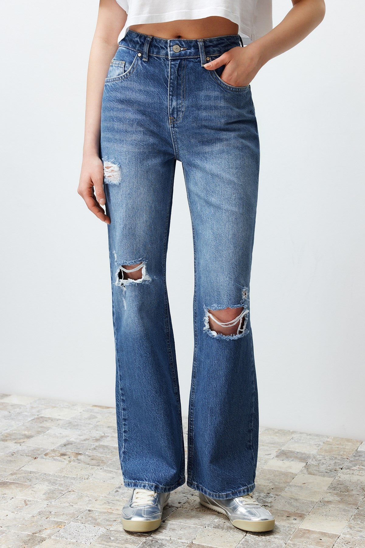 Blue Ripped High Waist Wide Leg Jeans Twoss24je00199