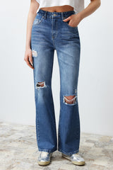 Blue Ripped High Waist Wide Leg Jeans Twoss24je00199