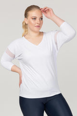 Women's Plus Size White V Neck Workout Long Sleeve Sweatproof Casual And Sports Bodysuit T-shirt 176