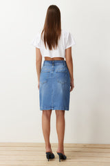 Blue Slit Midi Denim Skirt Twoss24et00189