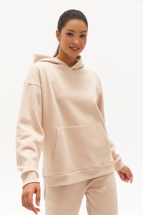 Women's Dark Beige Inner Polar Hooded Solid Color Winter Thick Kangaroo Pocket Casual Sports Sweatsh