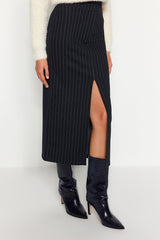 Black Striped Slit Detailed High Waist Maxi Knitted Skirt Twoss23et00376