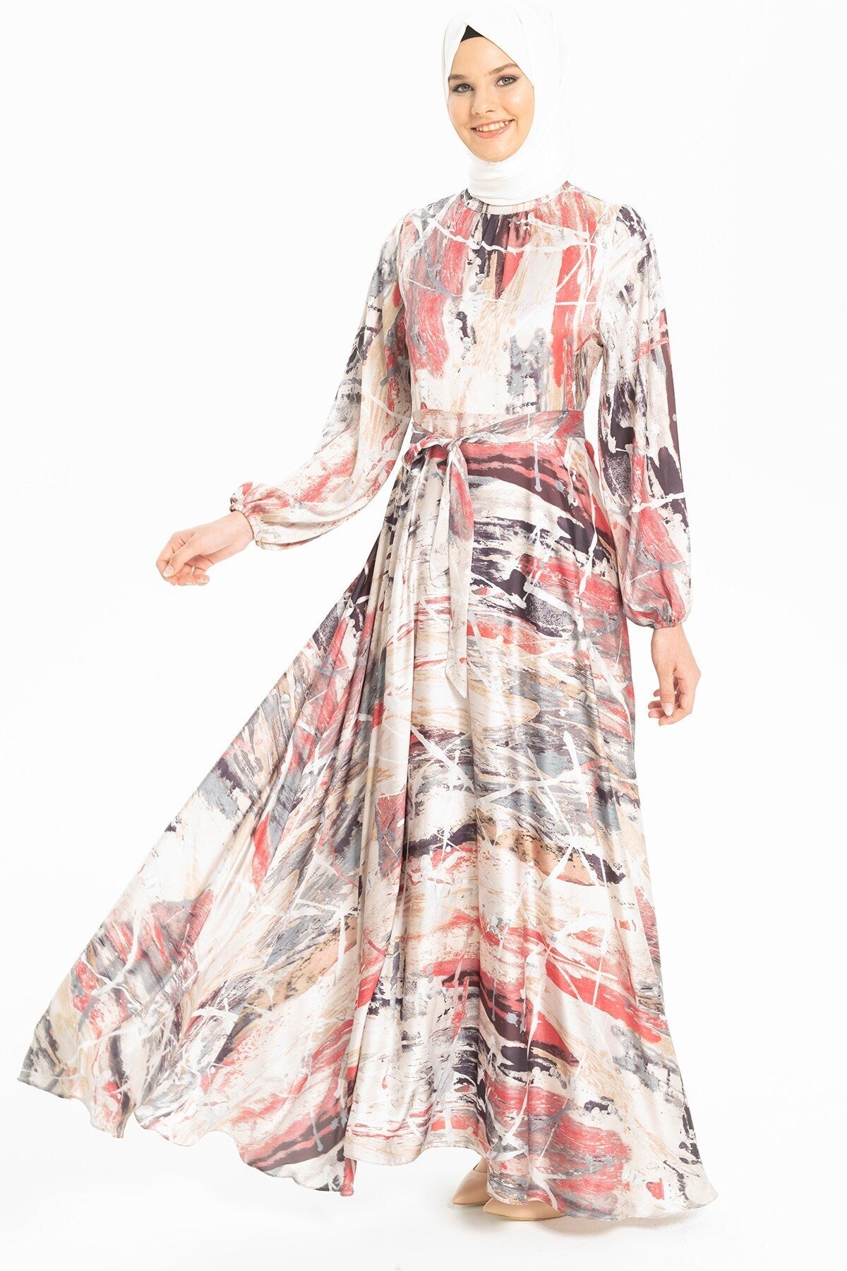 Forest Watercolor Printed Coffee Burkini Silk Dress 5255 T22el3m5255