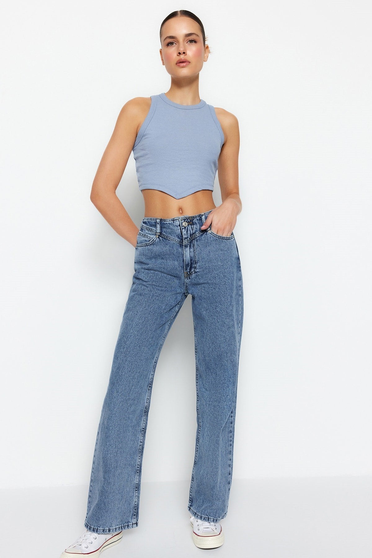 Blue Waist Detailed High Waist Wide Leg Jeans Twoss21je0385