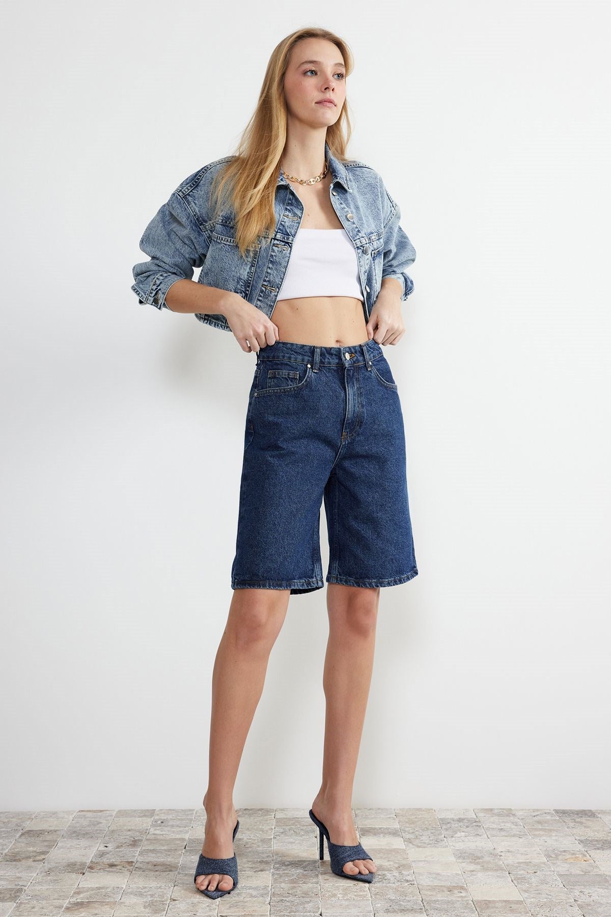 Blue High Waist Denim Shorts & Bermuda Twoss24sr00016